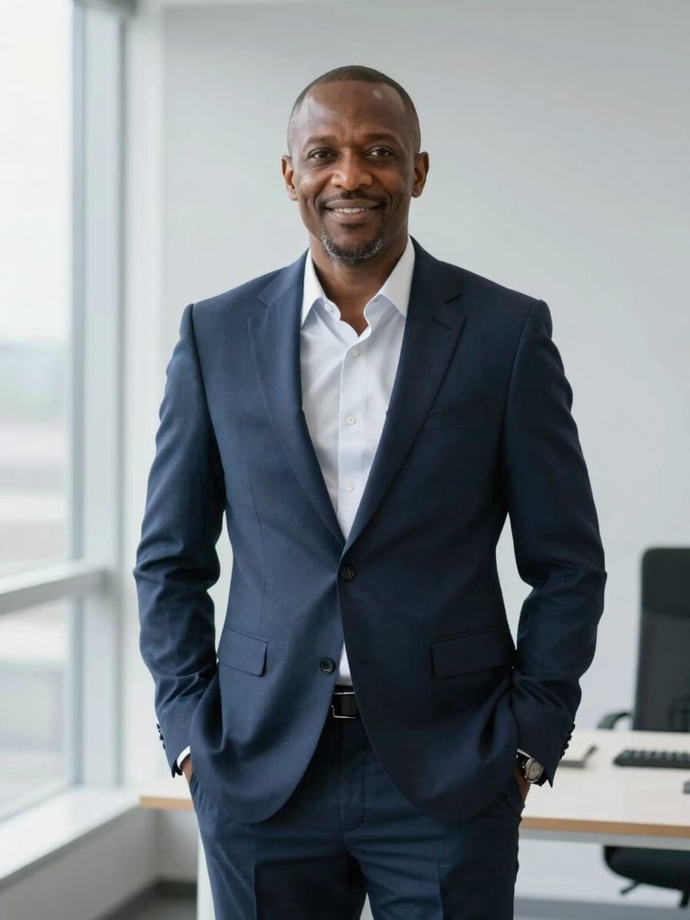 A professional medium portrait of business leader Victor Onyenezido in a modern Ontario office, neutral grey background, natural window light, confident and approachable posture, 35mm.