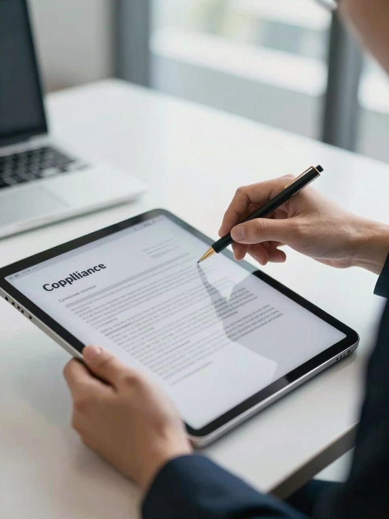 Close-up of a professional in a bright Jakarta office reviewing a compliance contract on a modern tablet screen, clean daylight, sharp focus on hands.