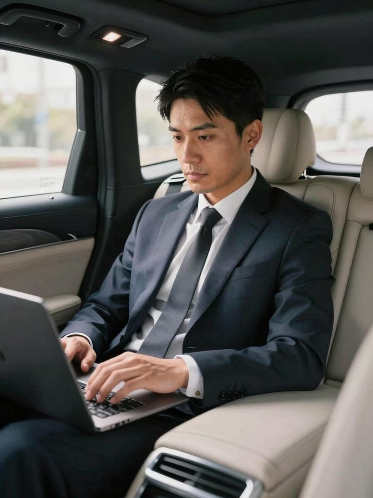 A close-up editorial shot of a business professional working on a laptop in the spacious, clean leather backseat of an executive car, soft natural window light