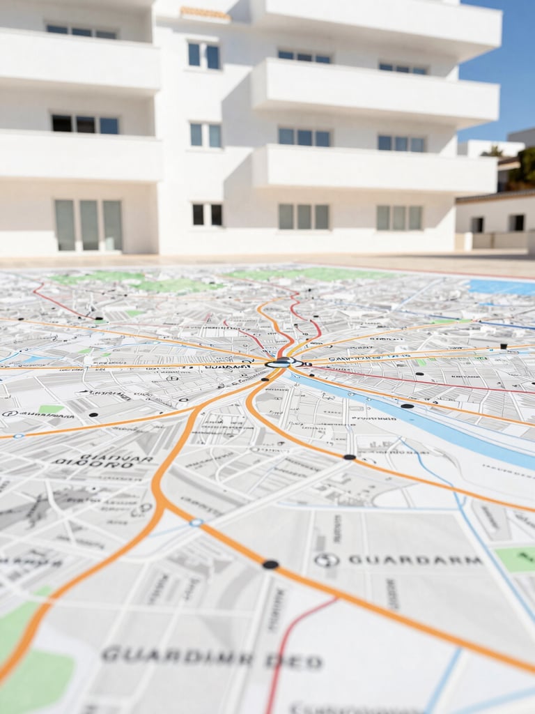 Detailed map highlighting Guardamar del Segura and nearby towns on the Costa Blanca, bright Mediterranean daylight, clean and modern design, sharp focus, 35mm