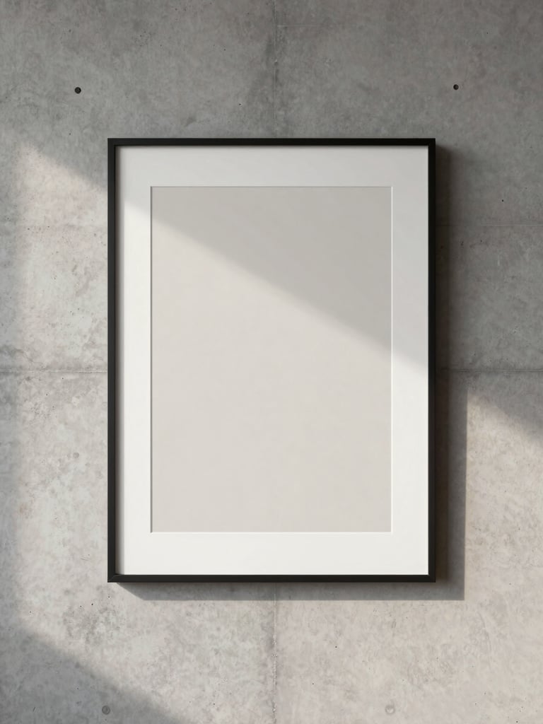 A framed minimalist contemporary art print hanging on a concrete wall in a high-end, architecturally interesting loft, soft natural daylight, 35mm