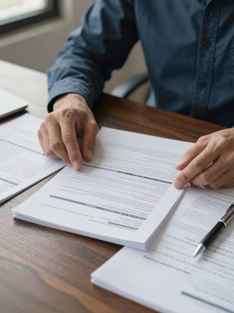 Close-up medium shot of an advisor's hands organizing financial planning documents and printed analysis sheets on a dark wood desk, a pen resting beside annotated pages, natural daylight from the left