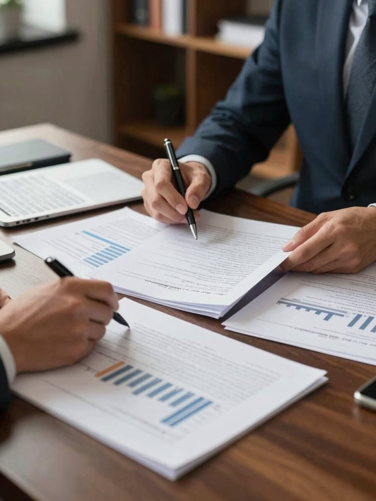 Medium shot of a financial advisor at a wide desk, reviewing printed analysis documents under balanced studio daylight, pen in hand, papers spread across a clean dark-wood surface, office bookshelves softly visible in the background