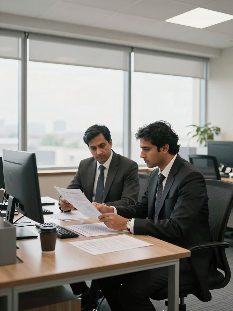 Wide office environment shot, two professionals seated across a desk reviewing printed documents together, neutral daylight through large windows, clean corporate interior, Faridabad India