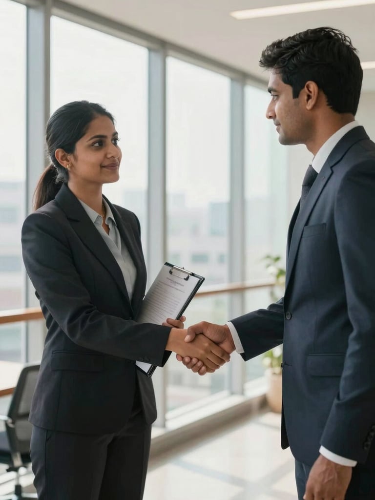 Medium shot of two professionals in a bright office corridor exchanging a firm handshake, one holding a document folder, neutral daylight through wide windows behind them, corporate Indian office environment