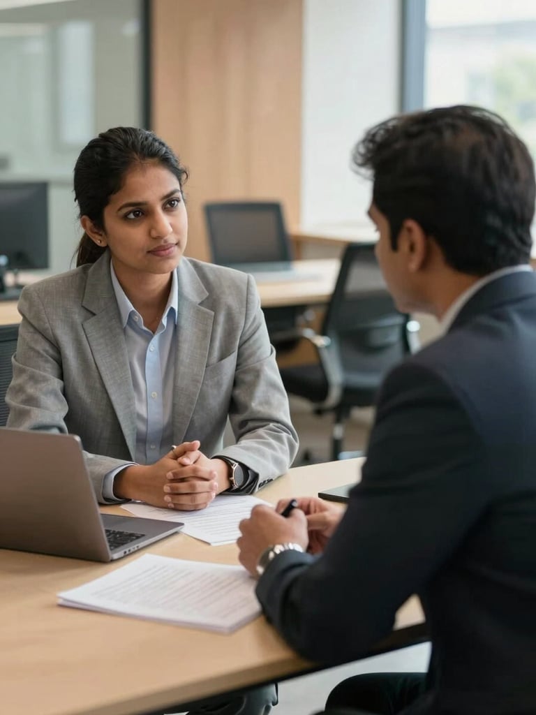 Medium shot of two professionals in a one-on-one interview discussion across a desk, documents and a laptop between them, warm office daylight, professional Indian corporate environment