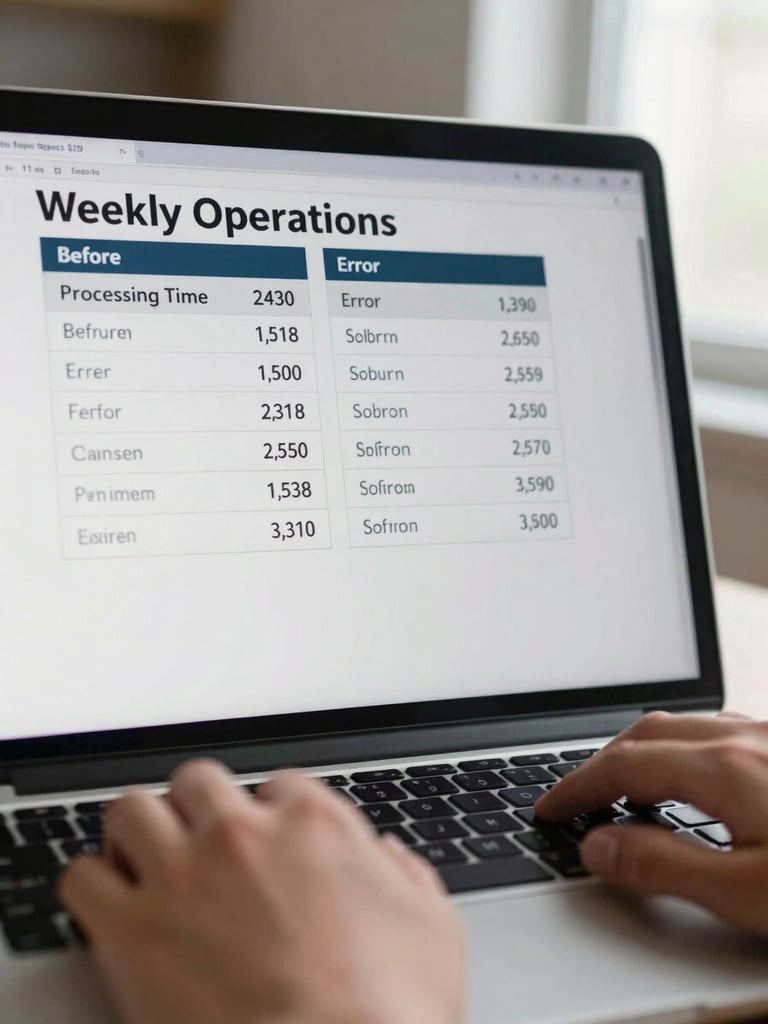 Close-up of a laptop screen displaying a weekly operations report with two columns of before-and-after metrics—processing time and error counts—on a plain white background, hands resting on keyboard just below the screen, daylight from a window to the right