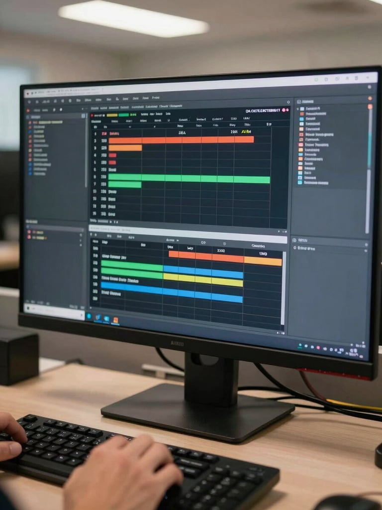 Close-up of a wide operations dashboard monitor mid-session—multiple workflow queue panels visible on screen, a hand resting near a keyboard in the lower frame, overhead office lighting casting clean even illumination across the desk surface, no decorative elements