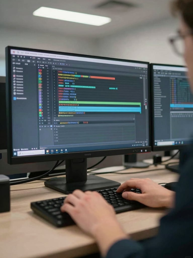 Close-up of a hands-on dashboard monitor in a sparse office, a single operator's hands resting near the keyboard, multiple workflow queue rows visible on screen mid-processing, overhead fluorescent light casting a crisp even tone, no decorative elements