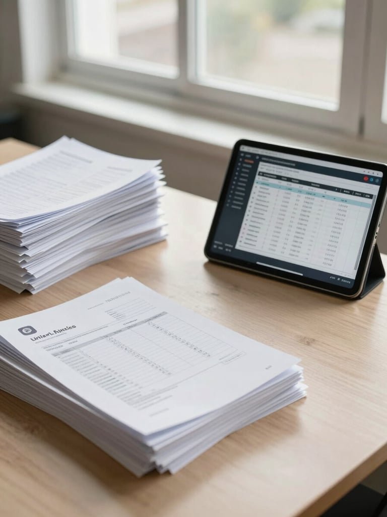 Wide workspace shot showing a desk in transition—a thick stack of paper invoices on the left side of the frame, a tablet displaying a live digital processing queue on the right, natural daylight through a window behind, sparse desk with no clutter beyond the two focal objects