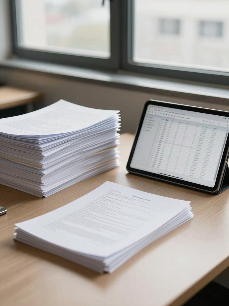 Wide shot of a desk mid-transition: a thick stack of paper forms on the left side, a tablet displaying a clean digital queue on the right side, daylight from an office window illuminating both surfaces evenly, no people visible, sparse and functional workspace