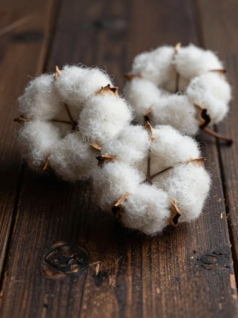 A vertical portrait of raw organic cotton fibers and unspun linen threads resting on a dark rustic wooden table, soft morning side-light, extreme close-up focusing on natural textures.
