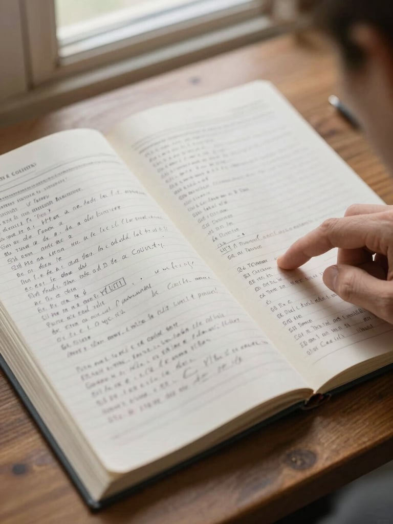 Close overhead shot of an open county ledger spread flat on a wooden table, handwritten entries visible in faded ink, a researcher's finger pointing to a margin notation, diffuse morning window light, no filters