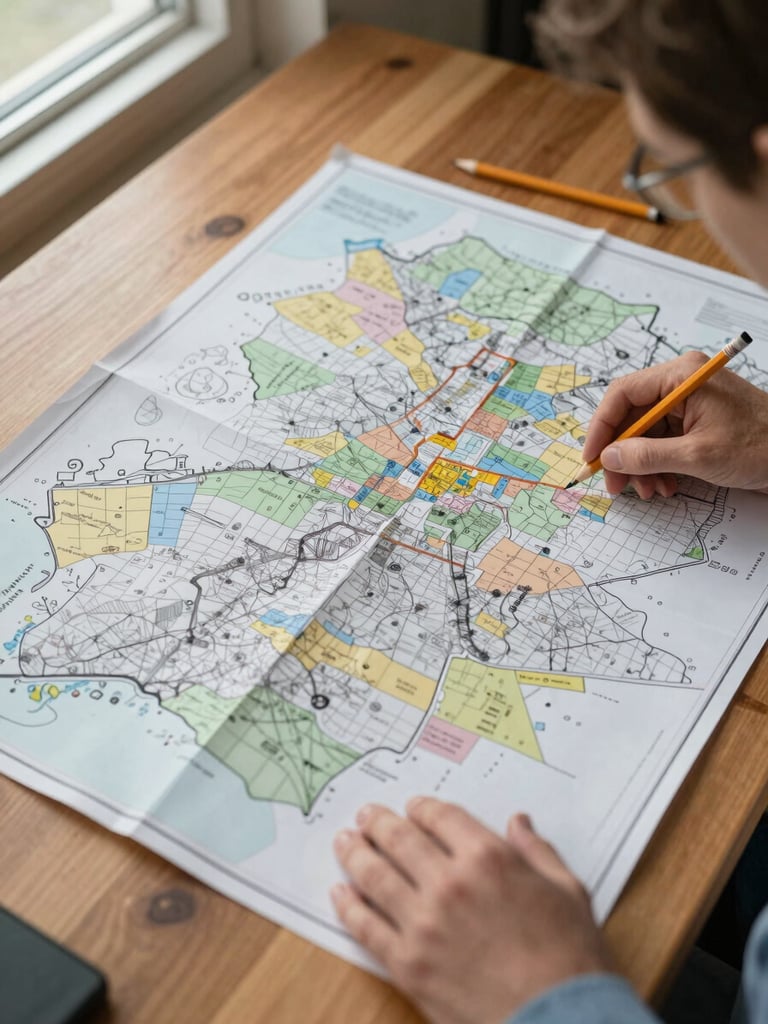 Close overhead view of a researcher's hands spreading a large hand-drawn county plat map across a wooden table, a pencil resting on one edge, natural diffuse daylight from a window to the left