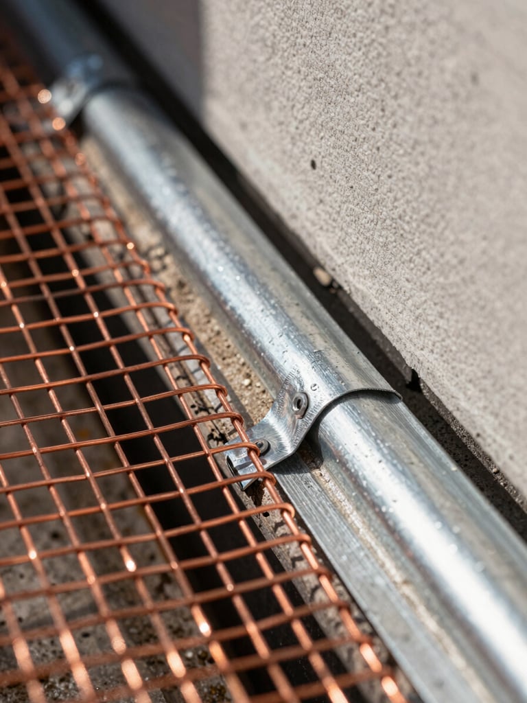 Close-up of high-grade exclusion materials including heavy-duty copper mesh and steel flashing being secured to a subfloor vent, high-contrast crisp daylight.