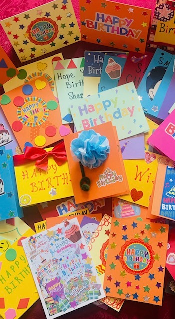 Birthday cards created by Truman for the amazing seniors who participate in MIFA's Meals on Wheels program