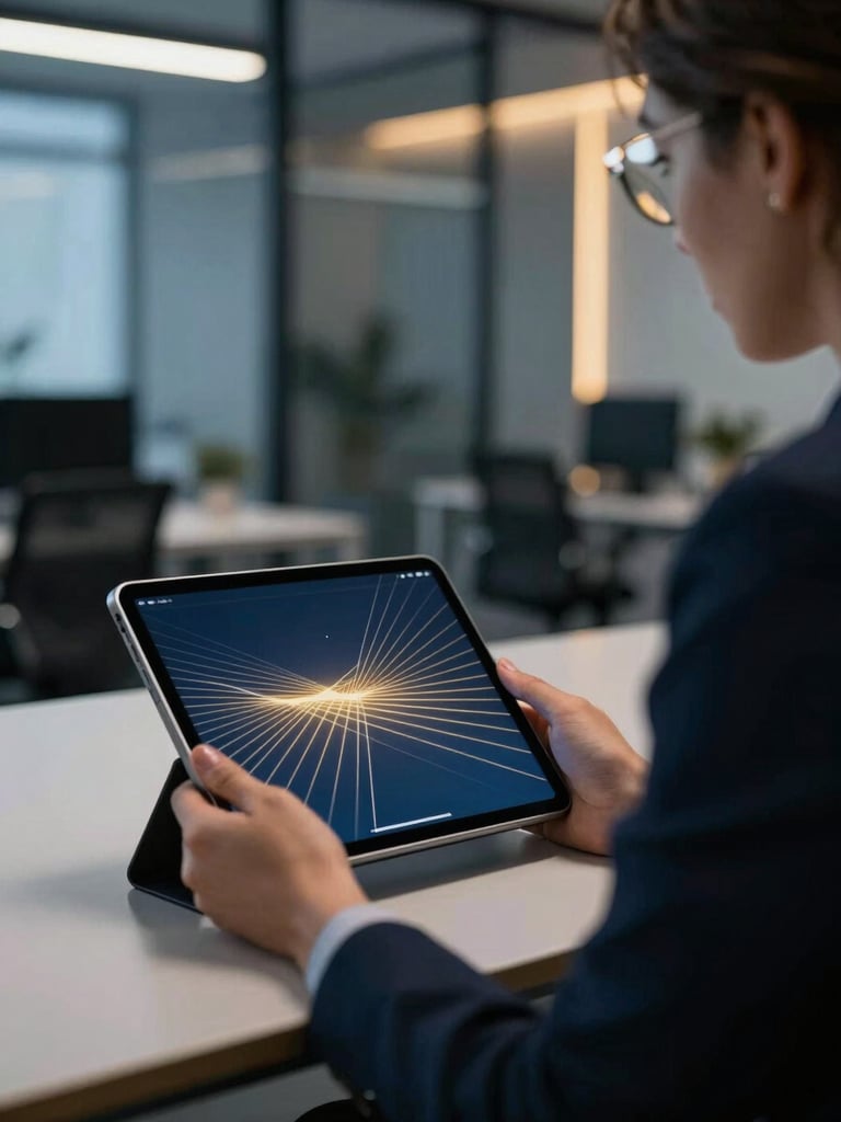 Professional business consultation in a modern office, a tablet displaying abstract architectural lines representing networks, subtle blue and gold ambient light, sharp focus.