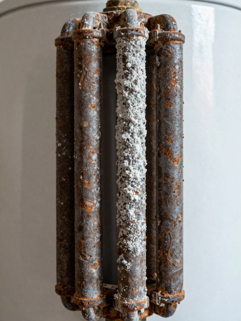 Macro shot of a heavily corroded electric water heater heating element covered in thick white limescale deposits, natural daylight