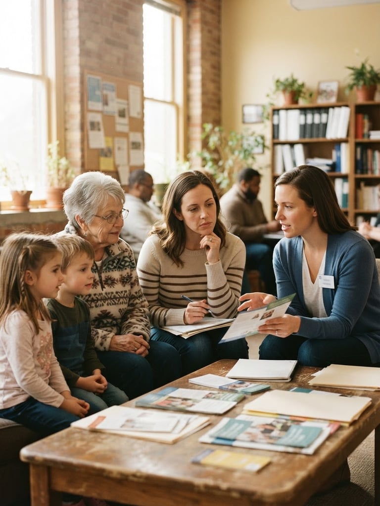 A caseworker sitting side-by-side with an Ohio family in a sunlit community room, discussing resource options, warm natural daylight, 35mm lens
