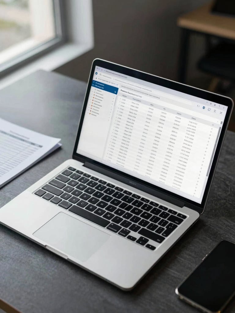 Wide overhead shot of an open laptop on a corporate desk showing a payment routing dashboard, transaction lines visible on screen, cool office daylight from a window to the left, a printed document with financial data partially visible at the edge of frame