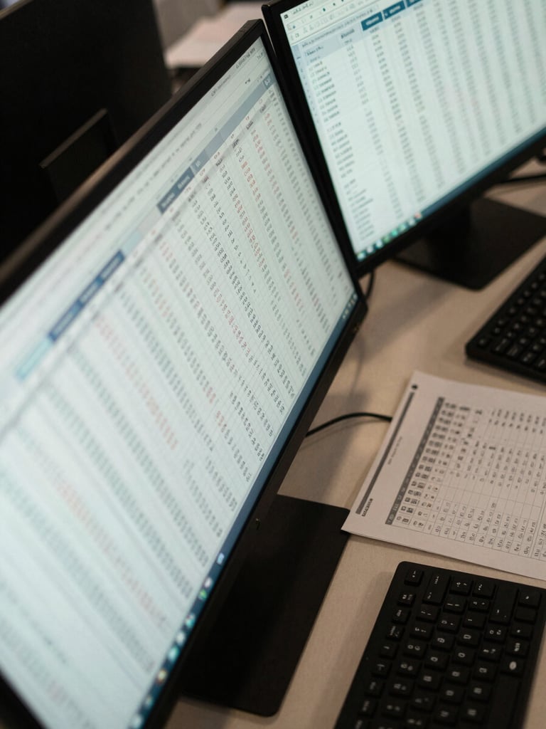 Close-up overhead of a desk surface with multiple screens showing currency exchange tables and transaction status logs, cool even office lighting from above, a printed reconciliation report beside the keyboard, no people visible