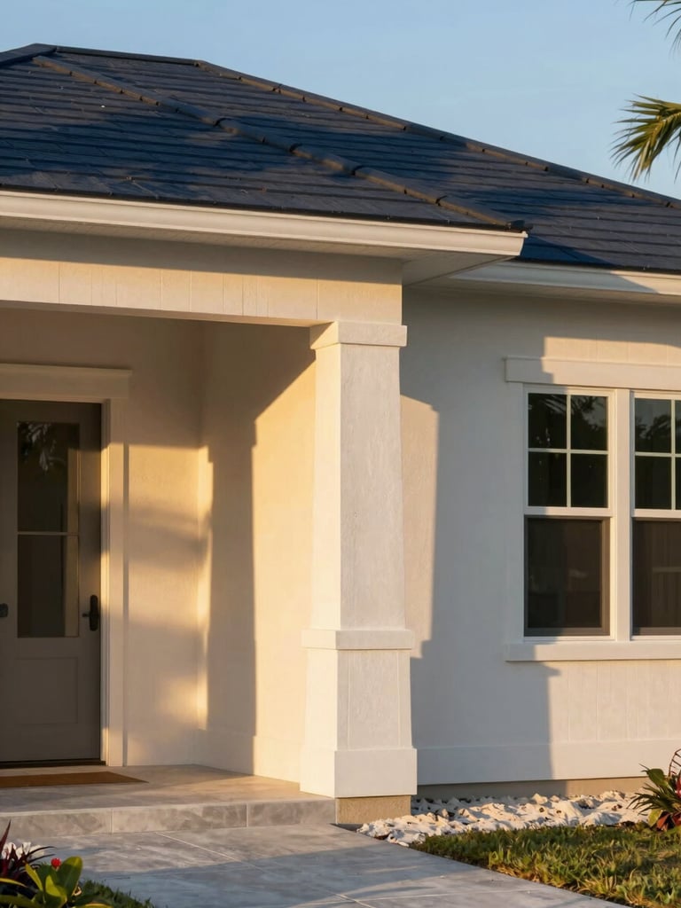 Sun-drenched architectural detail of a new construction home in Northeast Florida, warm golden-hour light casting soft shadows on clean coastal finishes