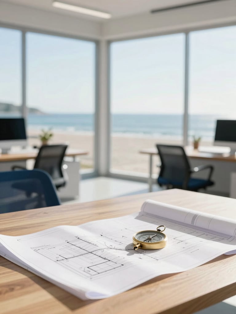 Bright open-plan office space filled with natural morning light, clean wooden table with architectural blueprints and a compass, high-key editorial, 35mm