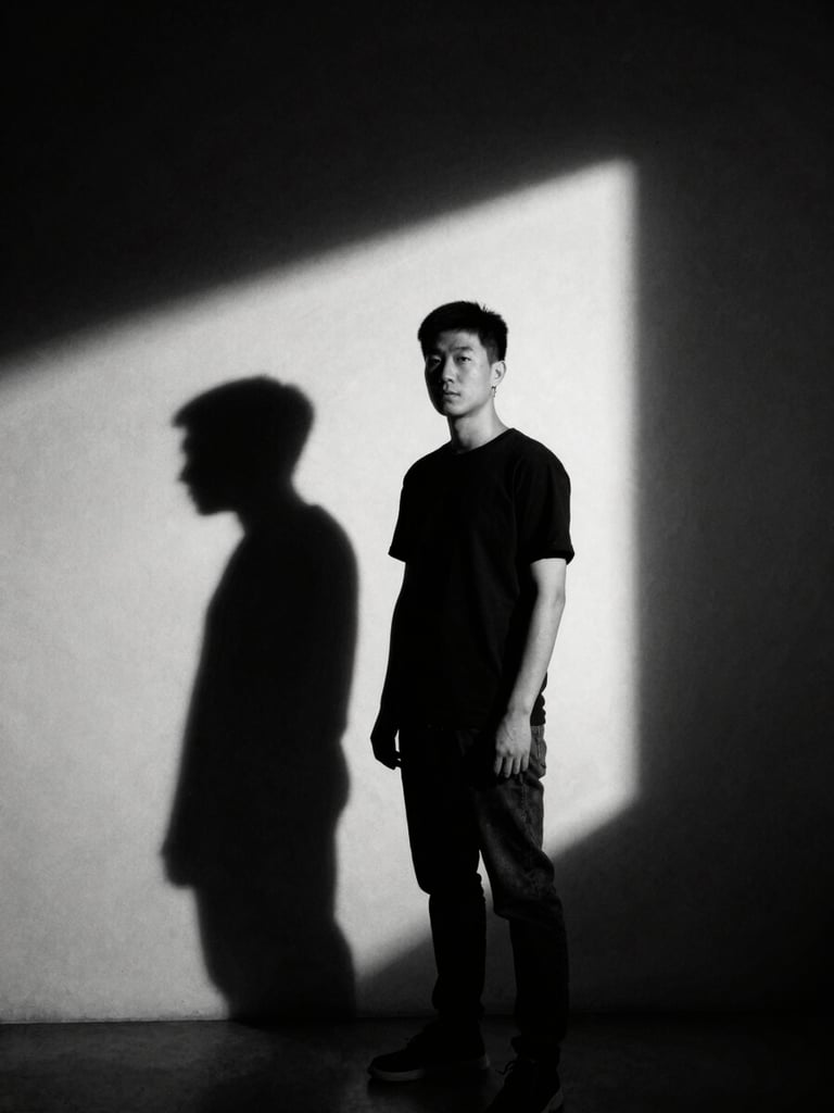A dramatic portrait of a photographer in a minimalist studio, sharp chiaroscuro lighting, deep shadows, high contrast black and white, 35mm film grain