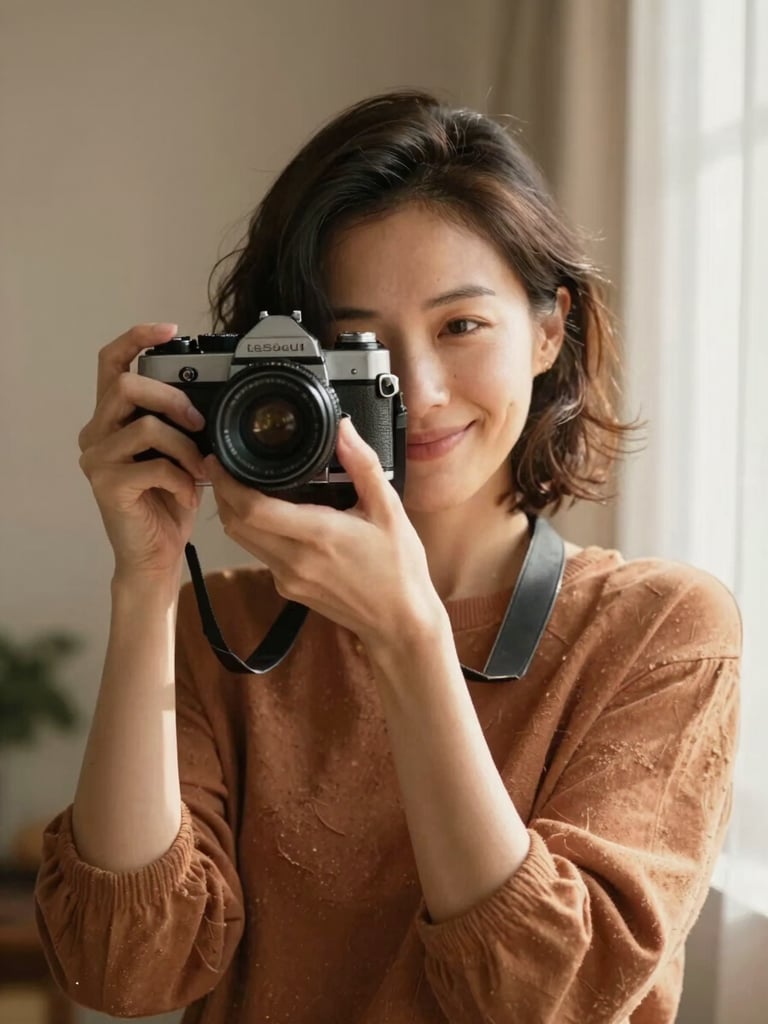 A warm environmental portrait of a female photographer holding a classic 35mm camera, smiling softly in diffused window light, earthy tones