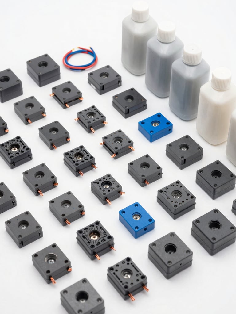 Knolling style overhead shot of neatly arranged electrical components, copper wiring, and pristine lubricant bottles, bright cool white studio lighting, clean technical layout, 50mm