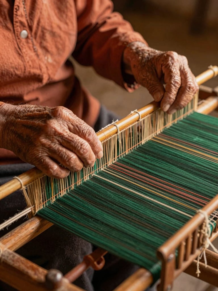Hands of an elder weaving colorful threads on a traditional wooden loom, soft golden hour light, warm terracotta and forest green tones, high texture detail, 35mm.