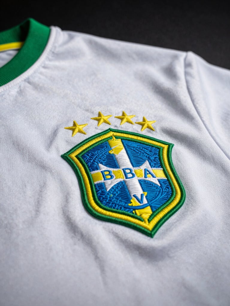 Detailed macro shot of a vintage Brazilian football shirt crest, green and yellow embroidery details, high contrast studio lighting, dark moody background, sharp textures