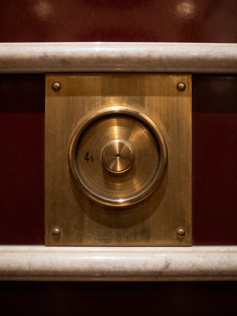 Extreme close-up of a polished brass elevator dial and marble trim in a five-star hotel lobby, warm interior glow, sharp architectural shadows, 35mm.