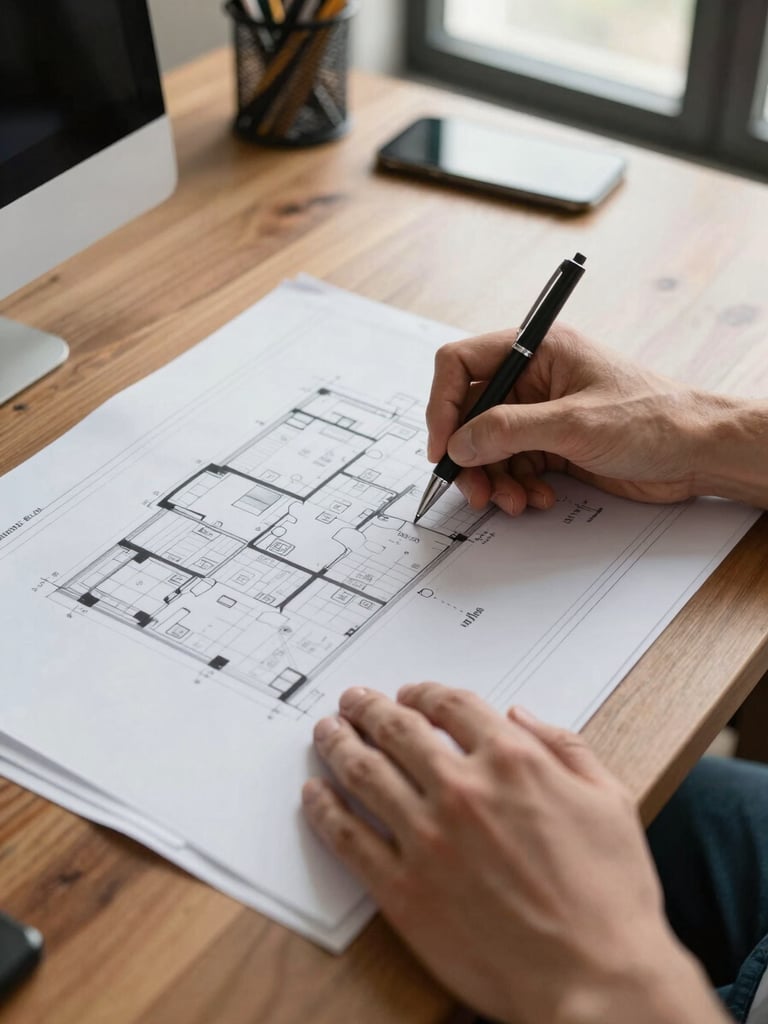 Close-up overhead shot of hands reviewing large printed housing plan documents spread across a wooden table, a pen marking a location on the map, natural north-facing window light, Papua office context