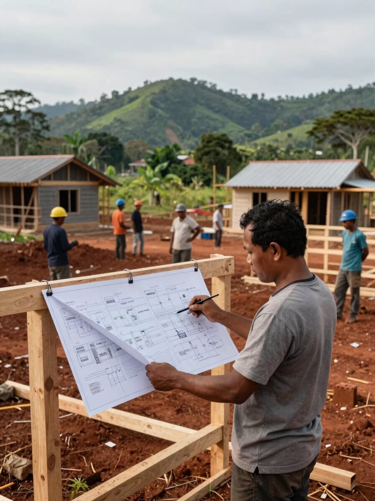 Wide environmental shot of a Papuan housing construction site at mid-morning, natural daylight, a community leader in the foreground reviewing blueprints pinned to a timber frame, workers visible in the background, red earth visible underfoot, lush green hills at the horizon