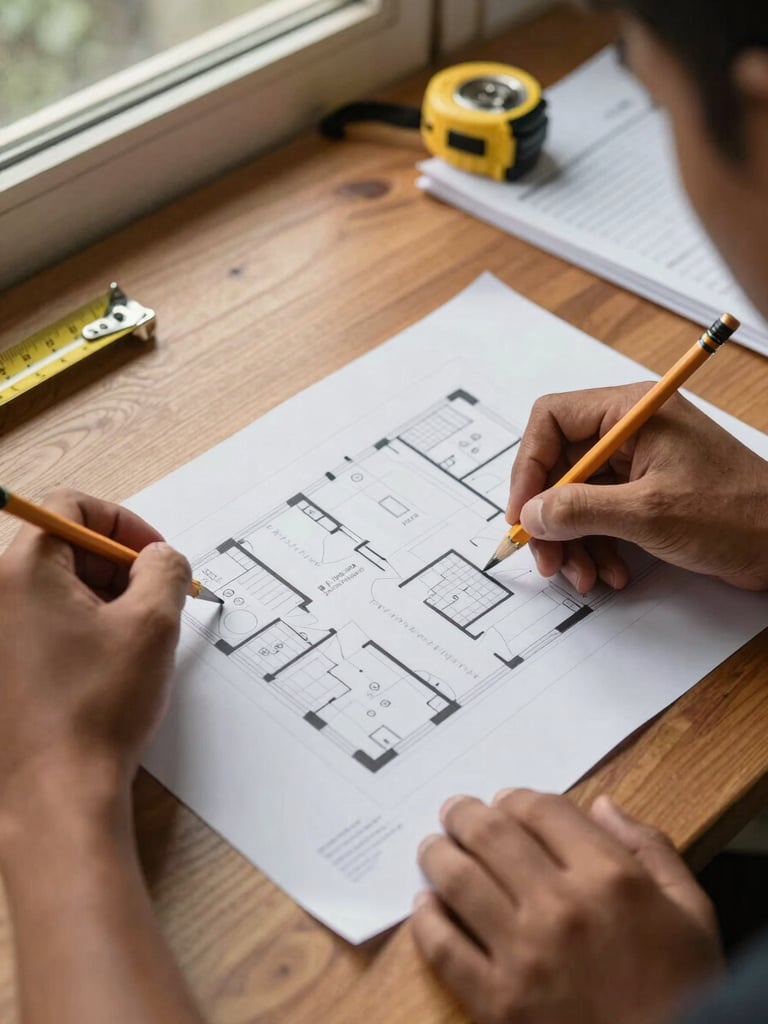 Close-up overhead shot of two Papuan hands reviewing a printed floor-plan document on a wooden table, pencil marks visible, natural north-facing window light, measuring tape and notes at the edge of the frame