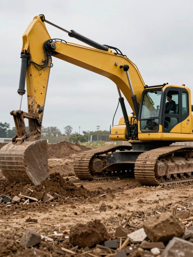 Ground-level view of a tracked excavator cutting into raw earth on a construction site, overcast natural daylight revealing soil layers, operator's cab visible to the right, loose material piled in the foreground mid-frame