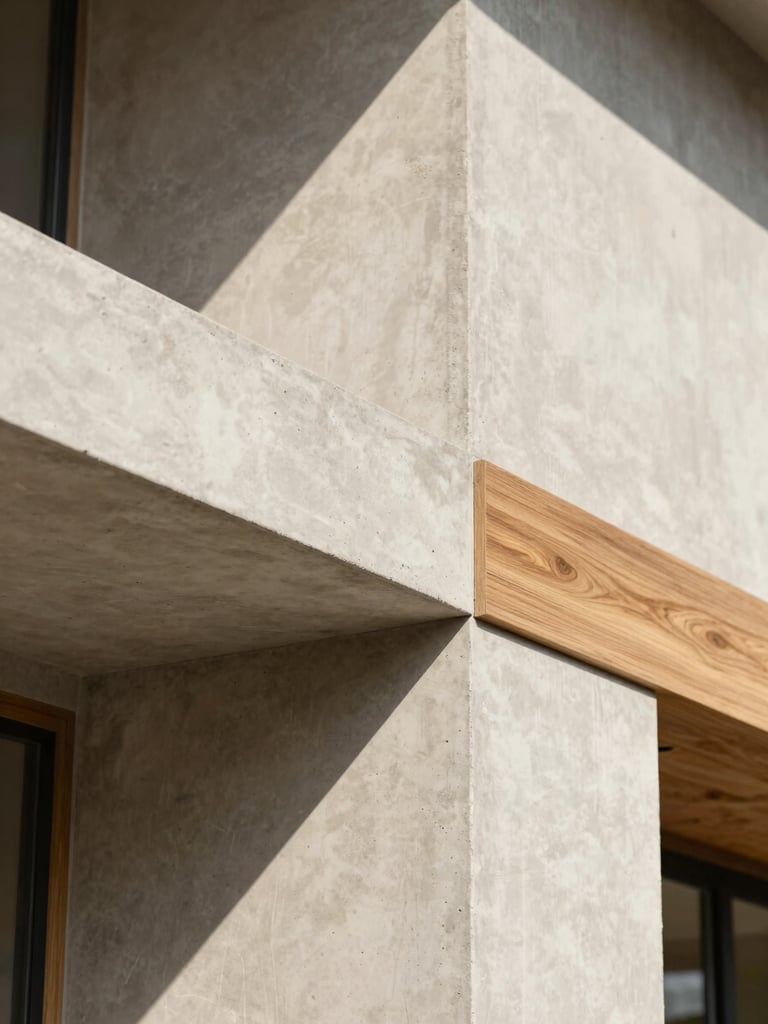 Close-up of concrete and oak wood joint in a modern house, sharp geometric shadows, natural light, high-end architectural photography style