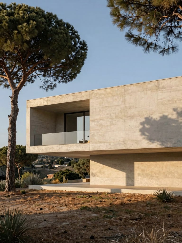 Minimalist concrete villa cantilevered over a hillside in Provence, pine trees, golden hour light, high-end architectural photography