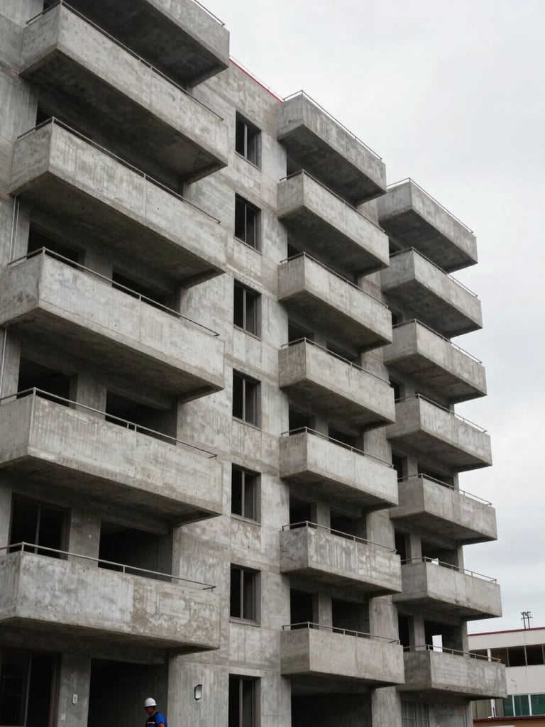 Finished residential apartment block photographed from street level in flat overcast light, exposed concrete balcony edges and window reveals in sharp detail, a worker in hard hat visible near the entrance for scale, no staging or interior decoration