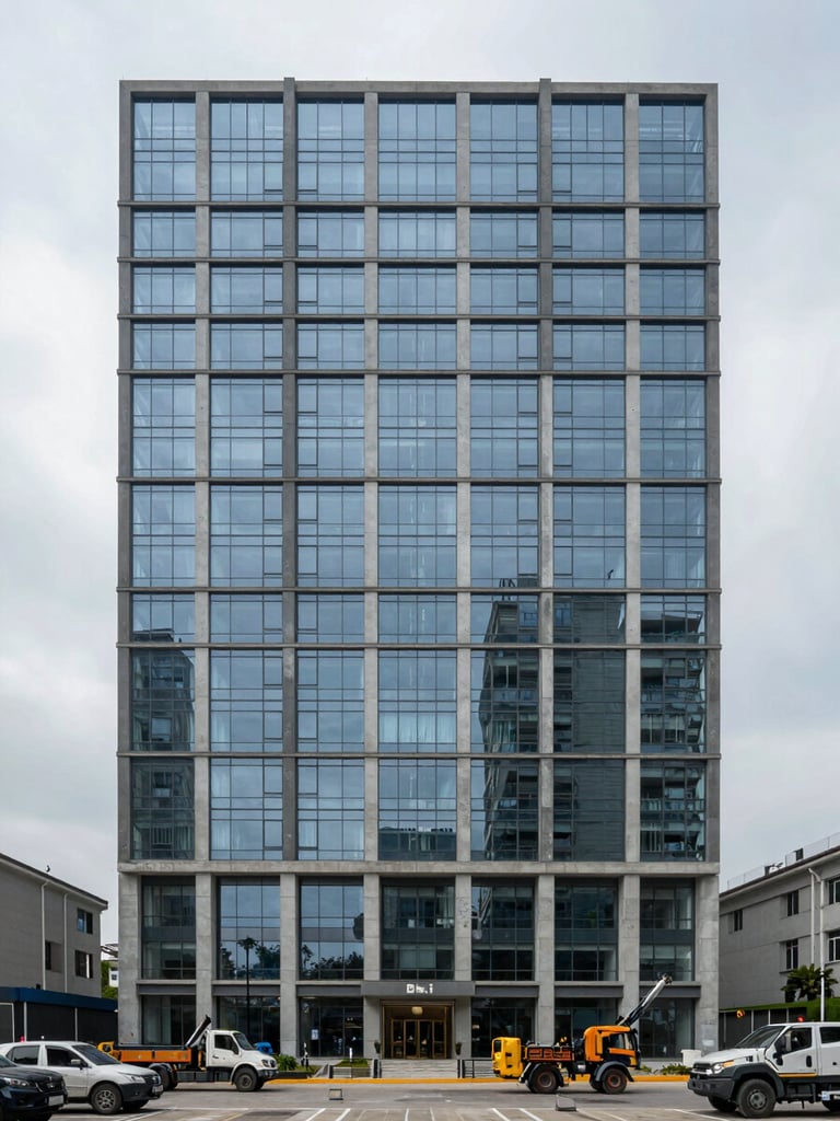 Completed multi-storey commercial office building photographed straight-on in overcast daylight, glass curtain wall and structural concrete columns clearly visible, parked construction vehicles at street level for human scale, no rendering or composite