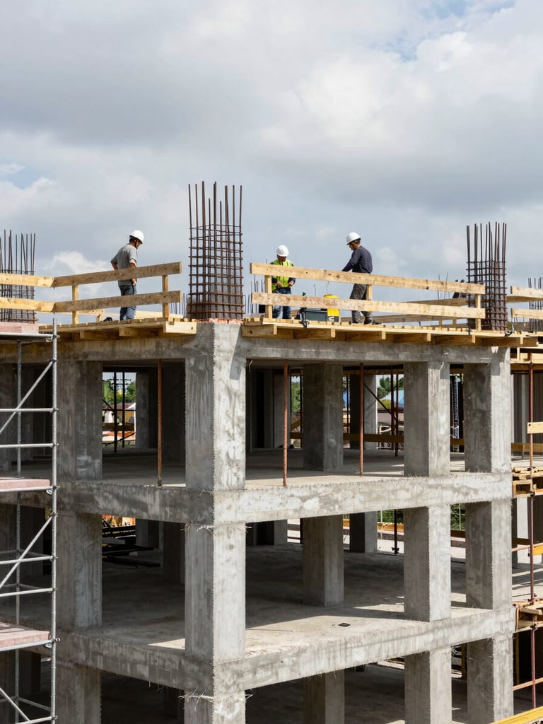 Residential construction site mid-progress, concrete frame floors visible, workers in hard hats on upper slab, overcast daylight, scaffolding on left edge, structural column reinforcement bars protruding at top