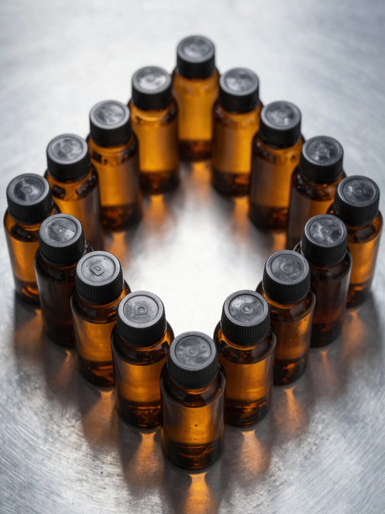 A close-up of amber glass supplement bottles arranged in a precise geometric pattern on a brushed silver surface, sharp shadows, cool technical lighting.