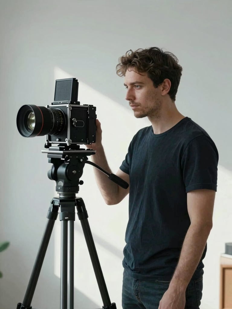 Close three-quarter view of a male photographer in a spare studio, standing beside a large-format camera on a tripod, cool north-facing daylight falling across his face and one shoulder from the left, architectural white wall behind him, expression still and attentive — no smile, no performance, formal working presence