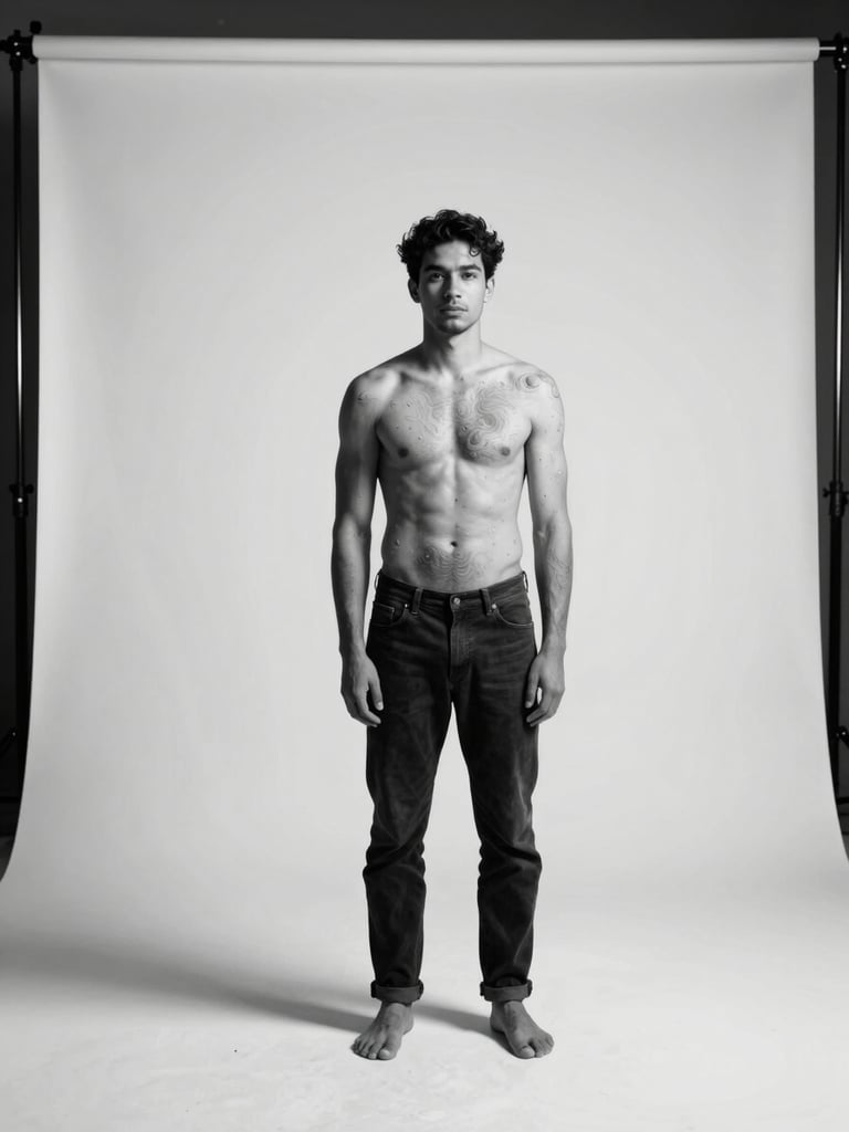 Studio portrait, male figure standing full-body against a stark white seamless backdrop, precise strobe lighting from upper left casting a clean shadow, torso and shoulder in sharp relief, skin texture rendered as topographic fact, black and white, editorial framing with generous negative space above