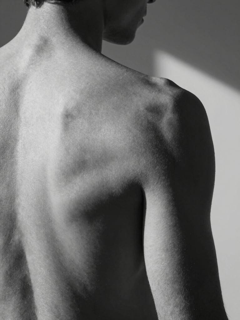 Close-up studio study of a male back, shoulder blade and spine rendered in precise chiaroscuro, strobe light from the upper right casting a hard diagonal shadow, black and white, skin texture as formal subject, no romanticism
