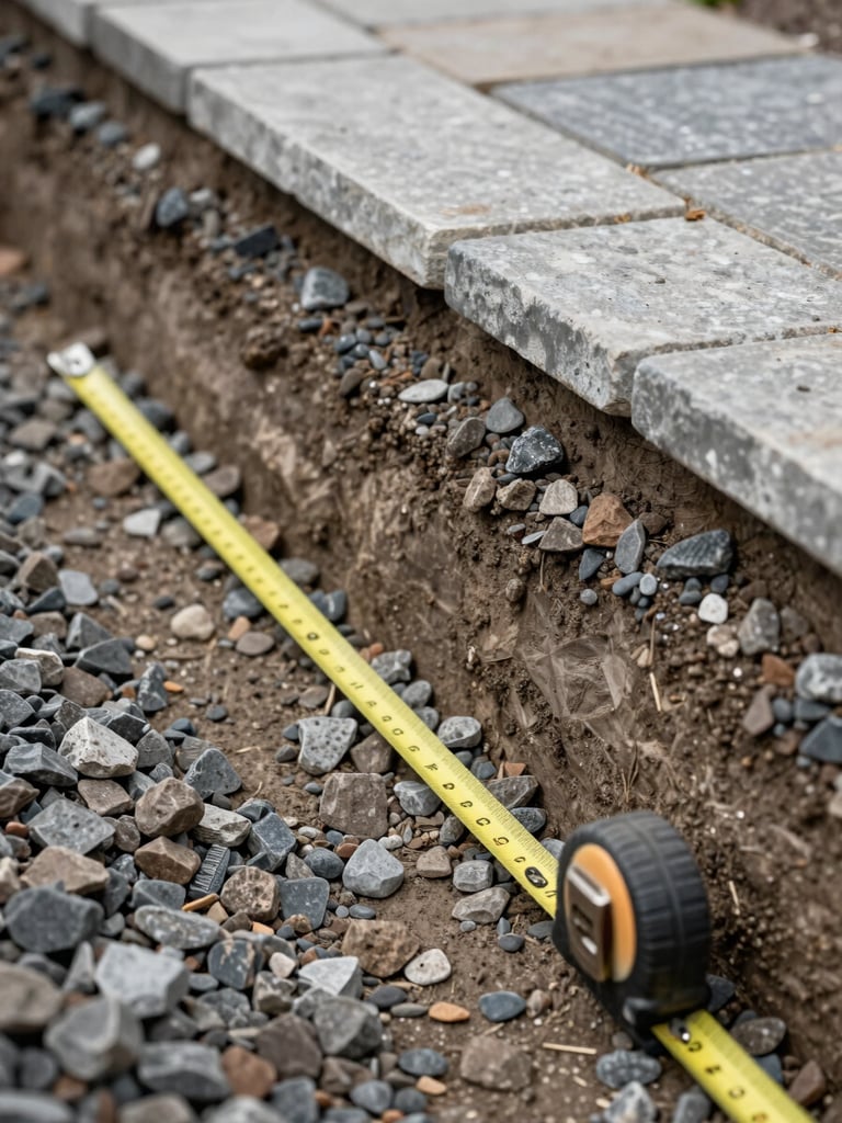 Close-up of a cross-section trench showing compacted gravel sub-base layers beneath a stone patio edge, overcast natural light, tape measure resting against the compacted aggregate, no people, documentary detail