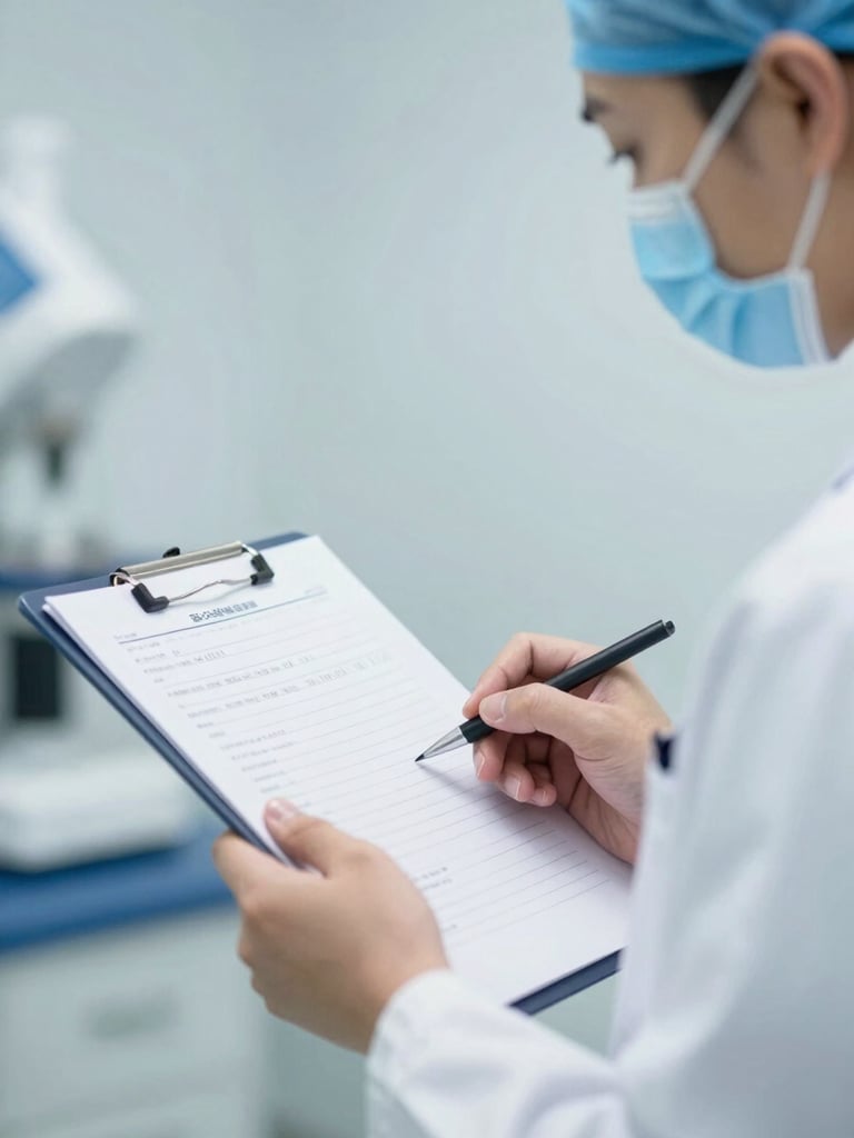 Focused medical professional in scrubs reviewing technical specifications on a clipboard in a sterile clinical environment, bright cool-toned lighting.