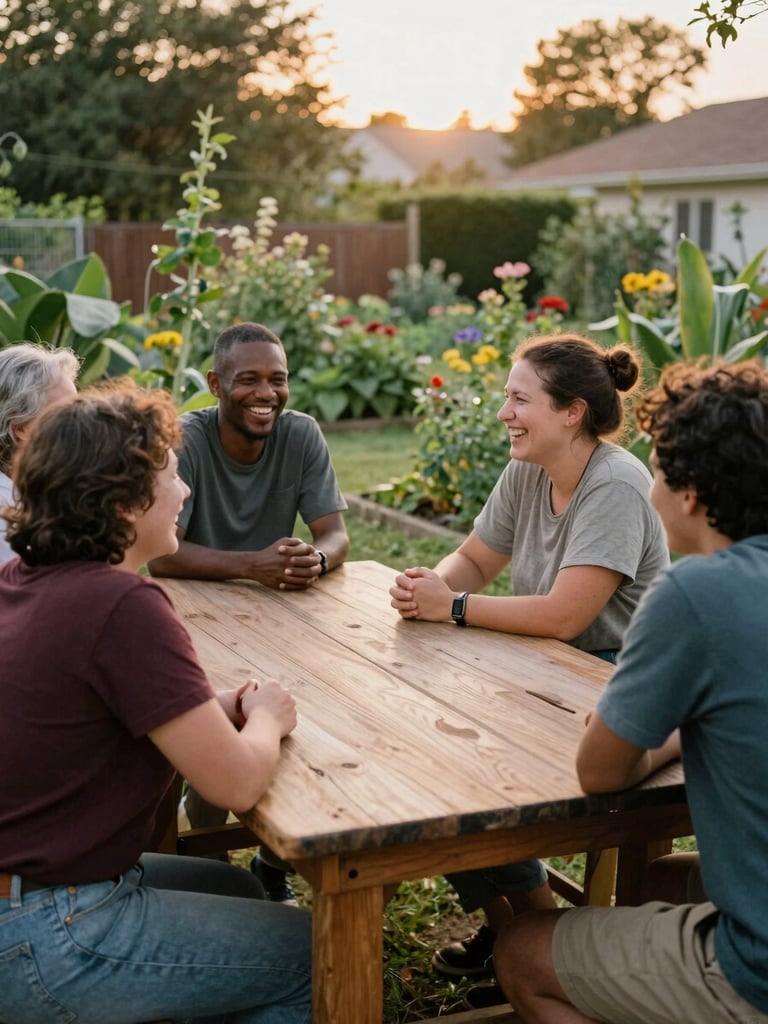 Warm editorial photography of diverse neighbors laughing together around a wooden table in a sunlit community garden, golden hour light, 35mm film style.