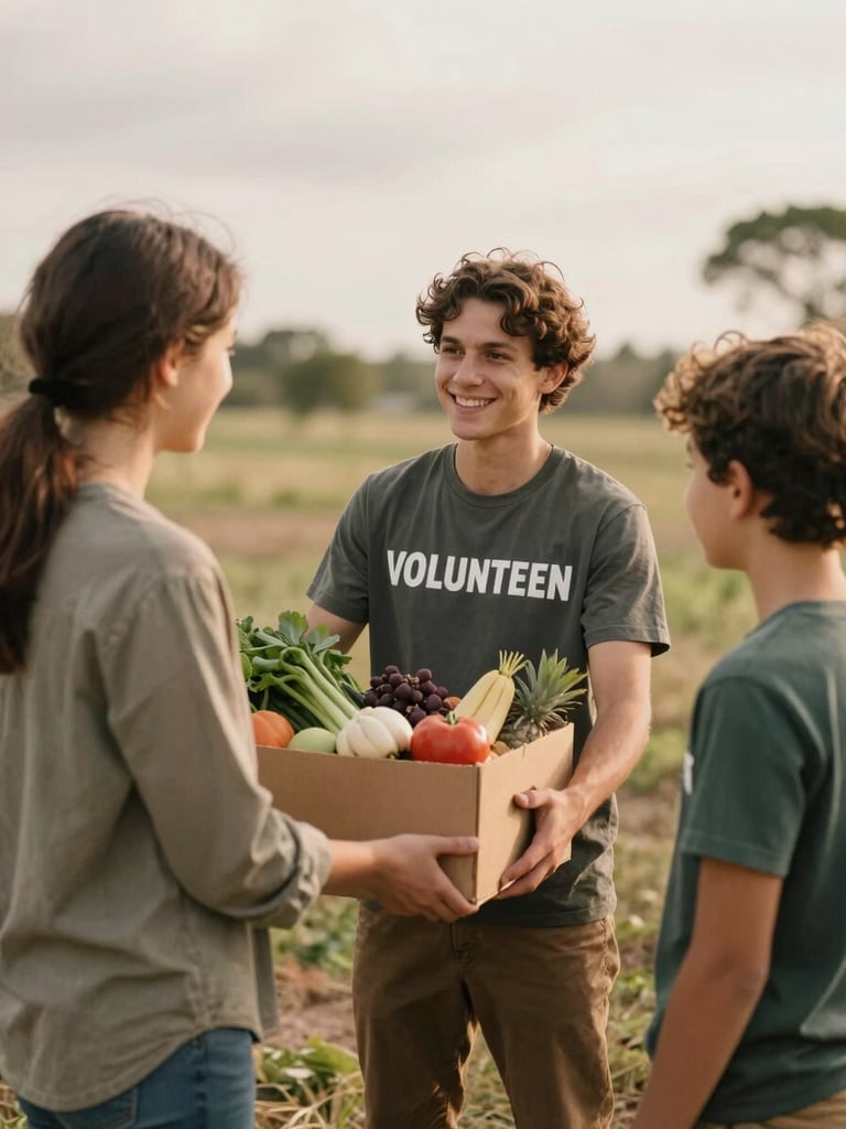 A warm, candid photo of a community volunteer handing a fresh box of local produce to a smiling family outdoors, soft overcast daylight, natural earth tones.